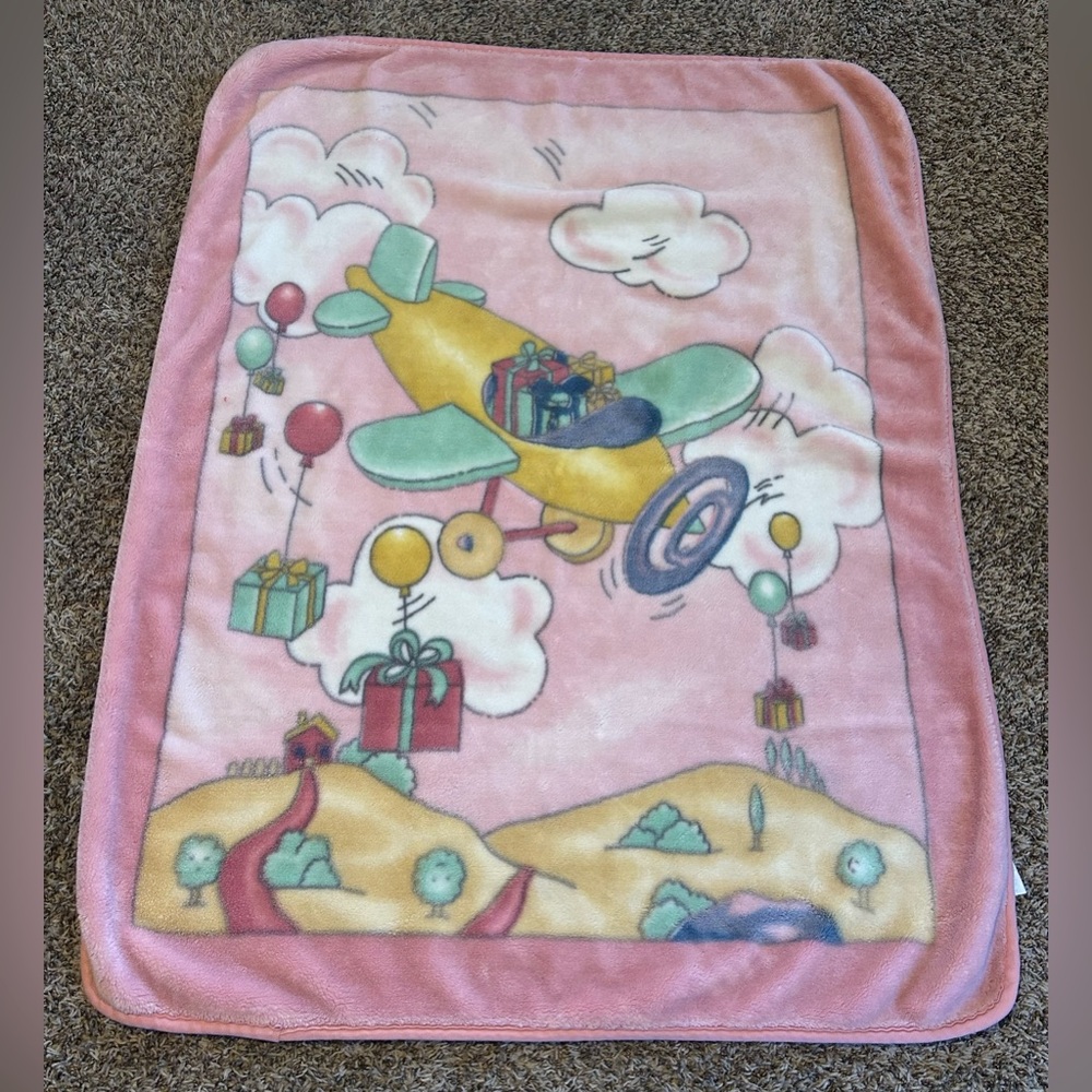 Airplane Aviator Gifts Presents Balloons Baby Blanket Pink Vintage